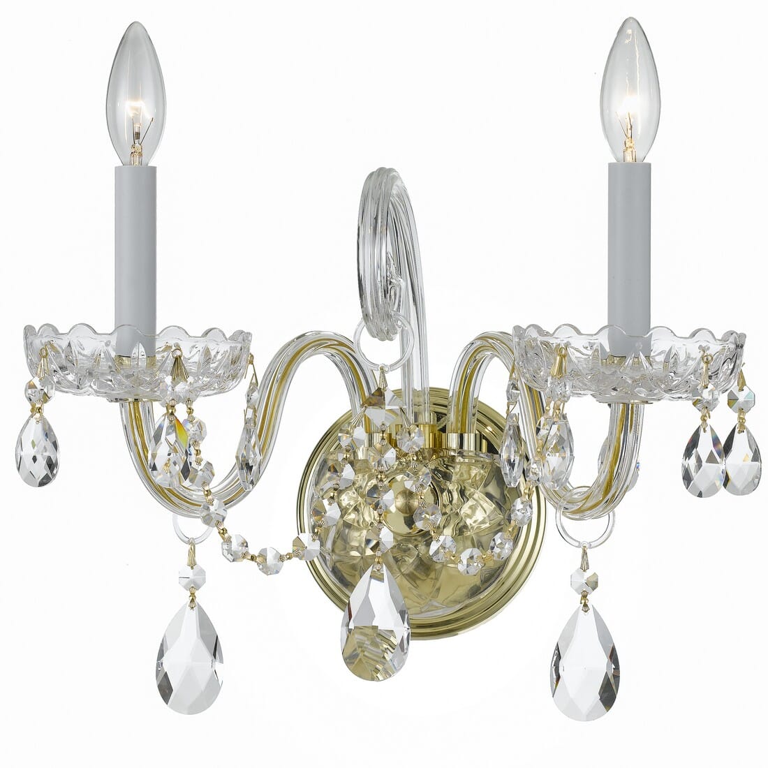 Crystorama Traditional Crystal 2-Light 12" Wall Sconce in Polished Brass with Hand Cut Crystal Crystals