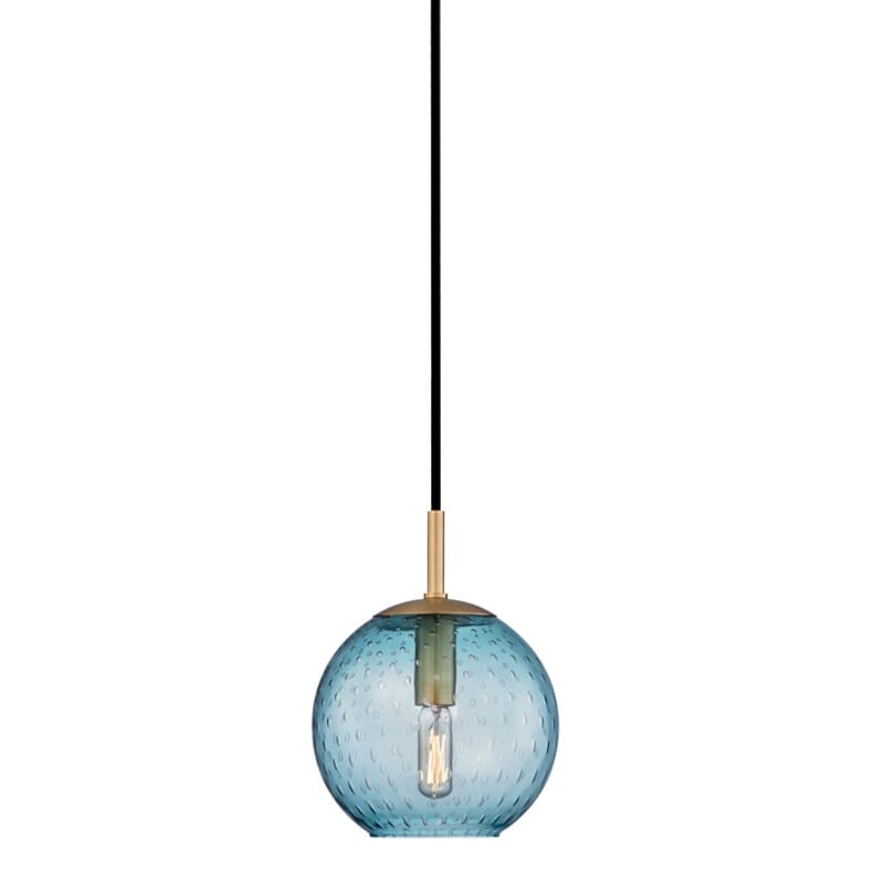 Hudson Valley Rousseau Blue Glass Pendant Light in Aged Brass