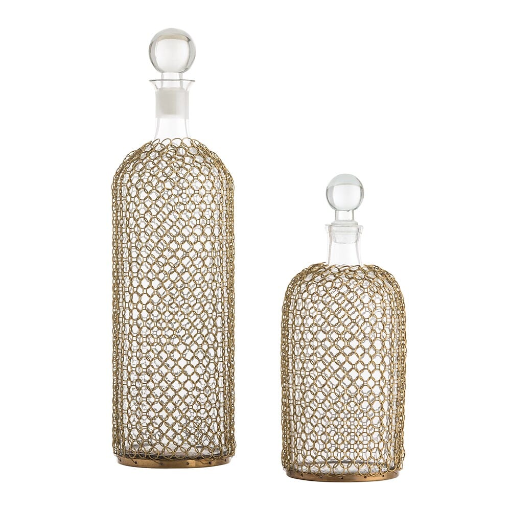 Arteriors Drexel Clear Glass Decanters in Antique Brass (Set of 2)