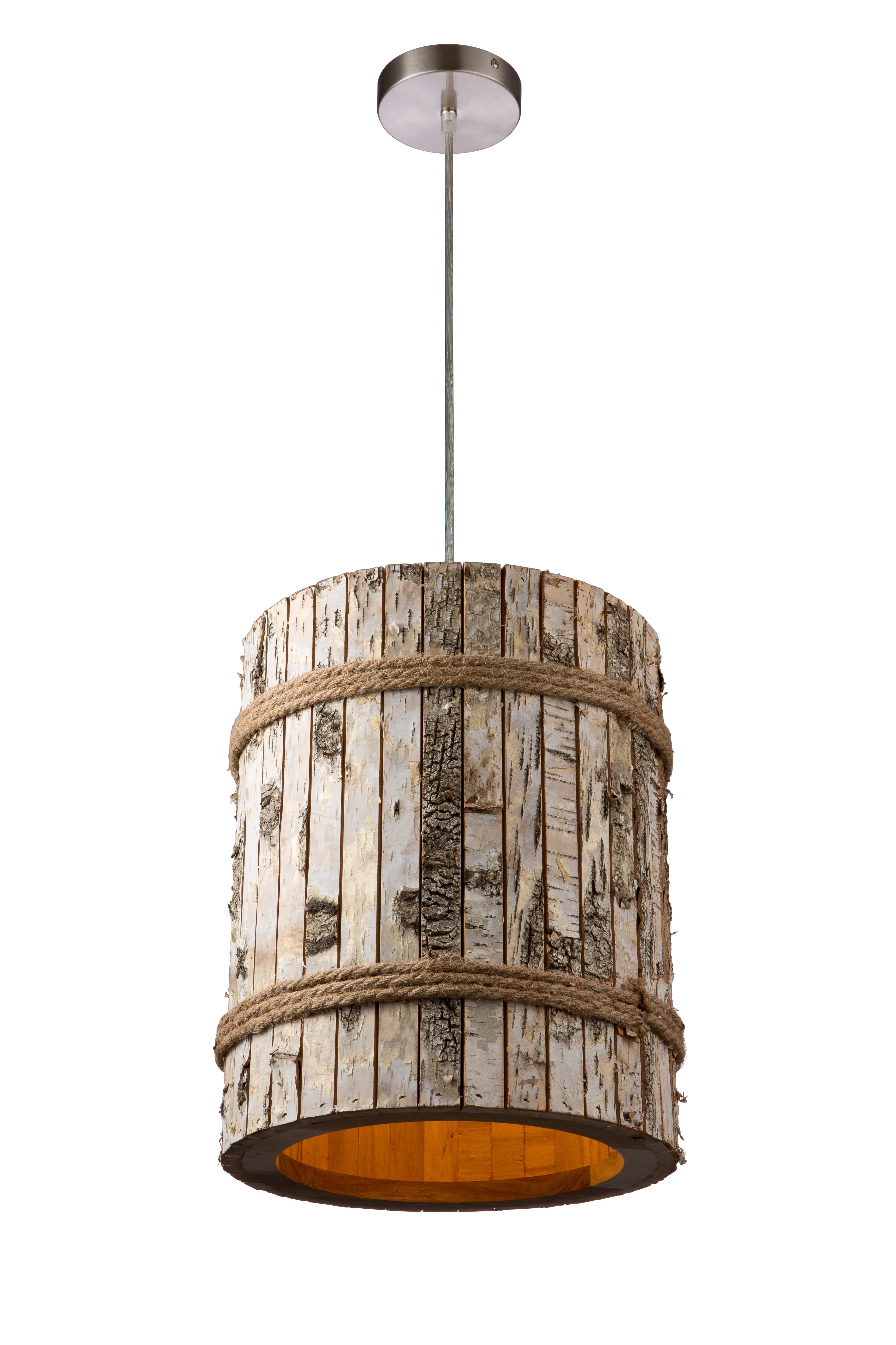 Varaluz Woody Mini Pendant in Brushed Nickel and White Aspen Bark w with Rope