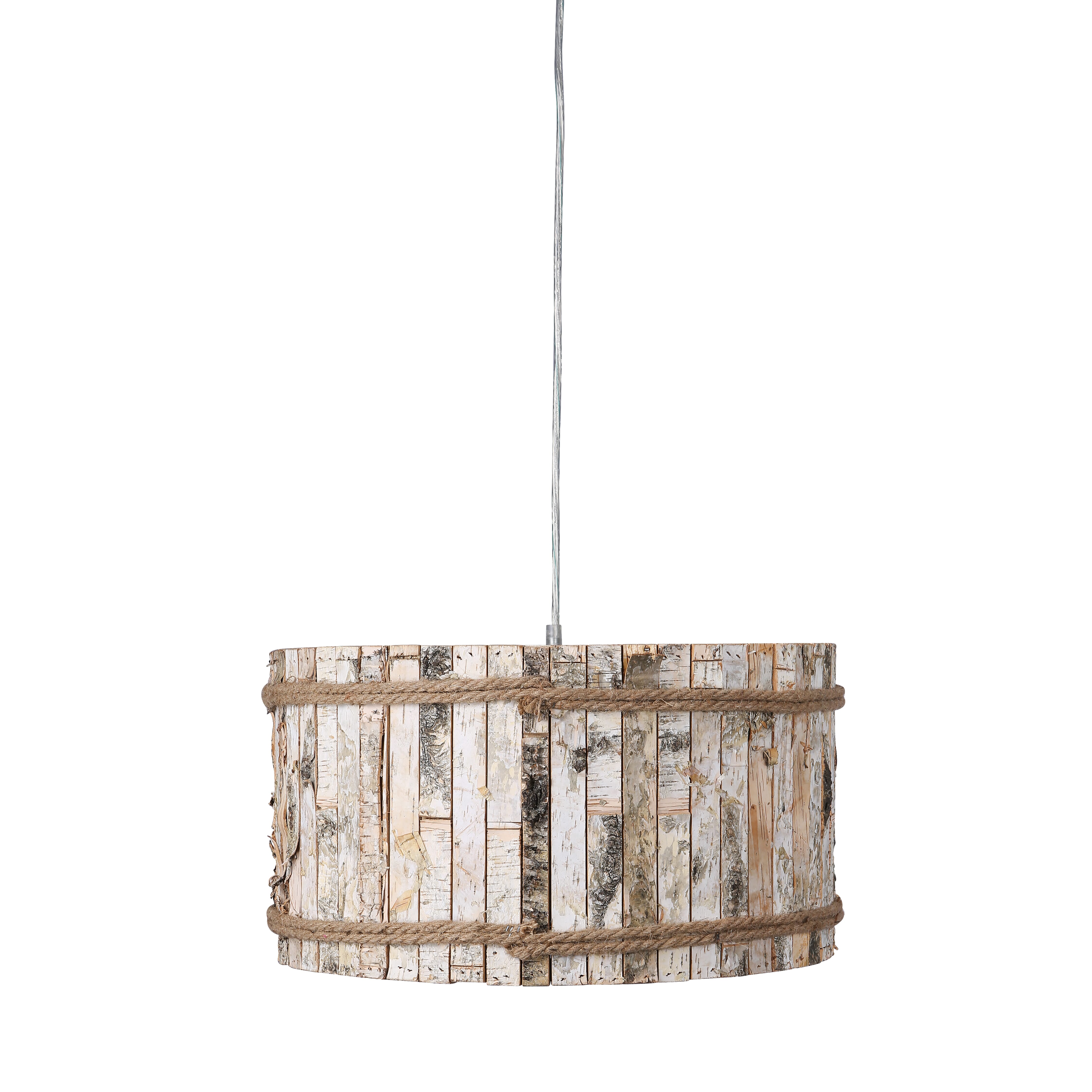 Varaluz Woody Pendant Light in Brushed Nickel and White Aspen Bark w with Rope