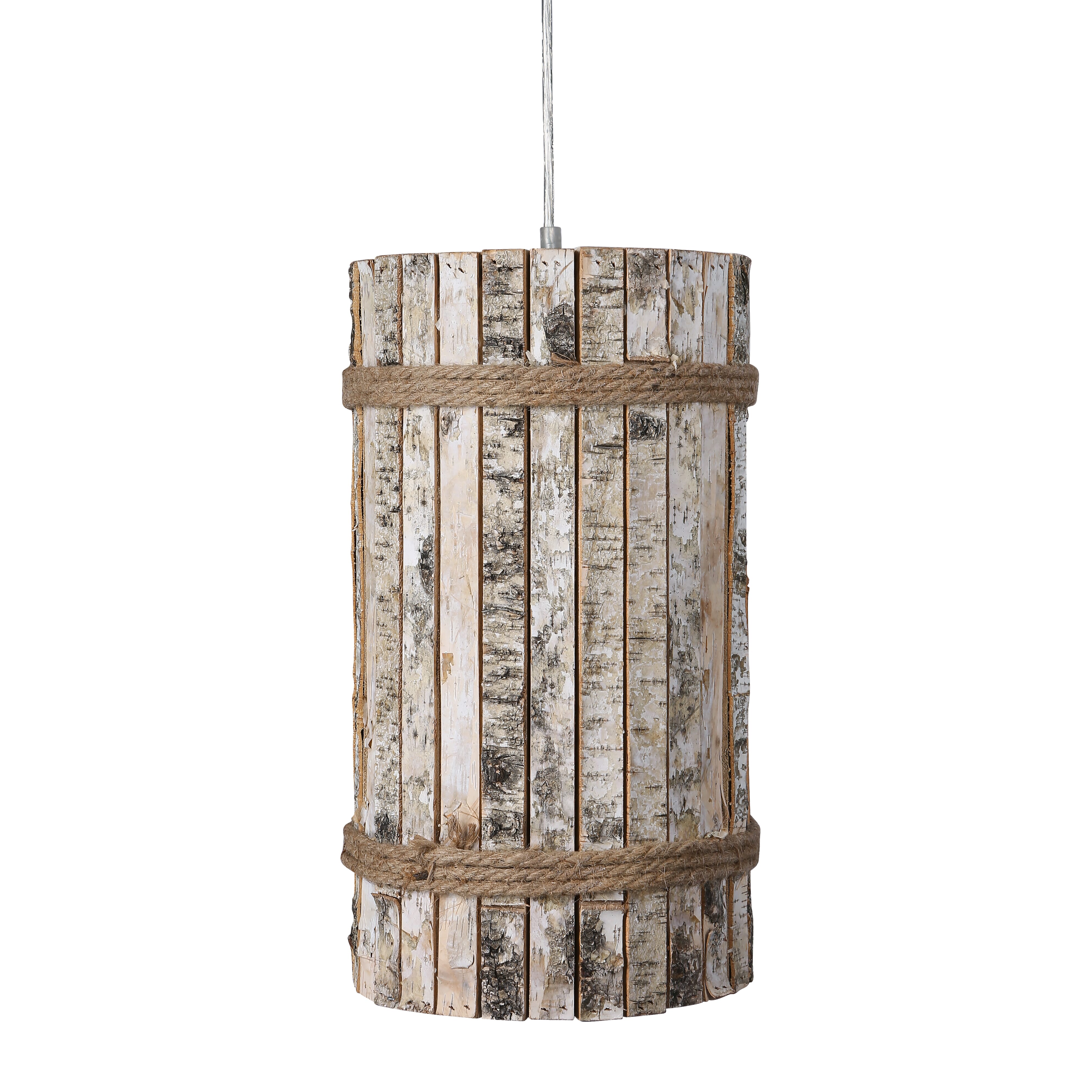 Varaluz Woody Pendant Light in Brushed Nickel and White Aspen Bark w with Rope