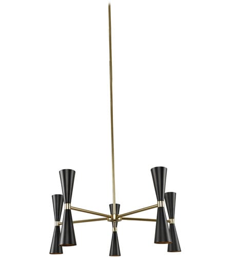 Kalco Milo 14-Light Mid-Century Modern Chandelier in Black and Vintage Brass