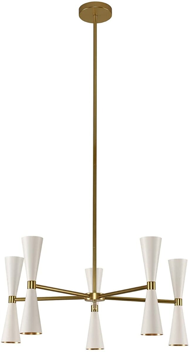 Kalco Milo 10-Light Mid-Century Modern Chandelier in White and Vintage Brass