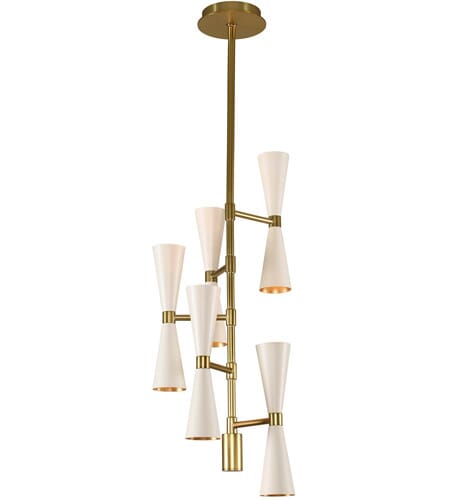 Kalco Milo 10-Light Mid-Century Modern Chandelier in White and Vintage Brass