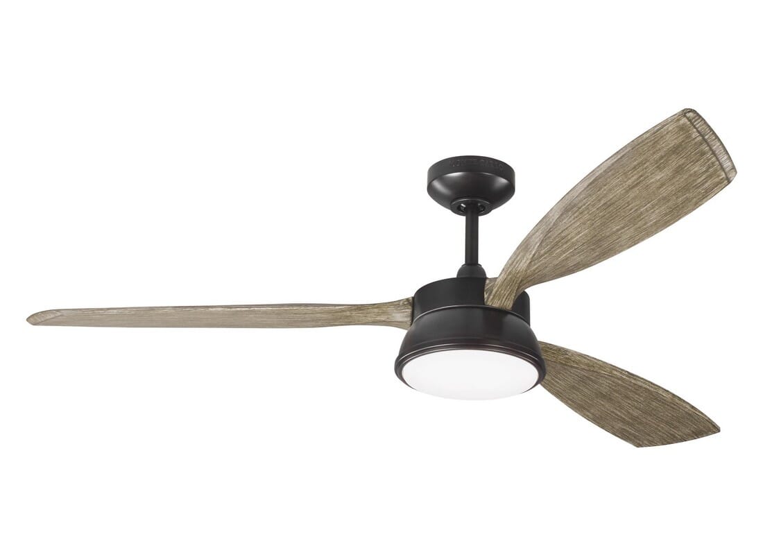 Monte Carlo Destin LED Fan in Aged Pewter w/ Grey Weathered Oak Blades