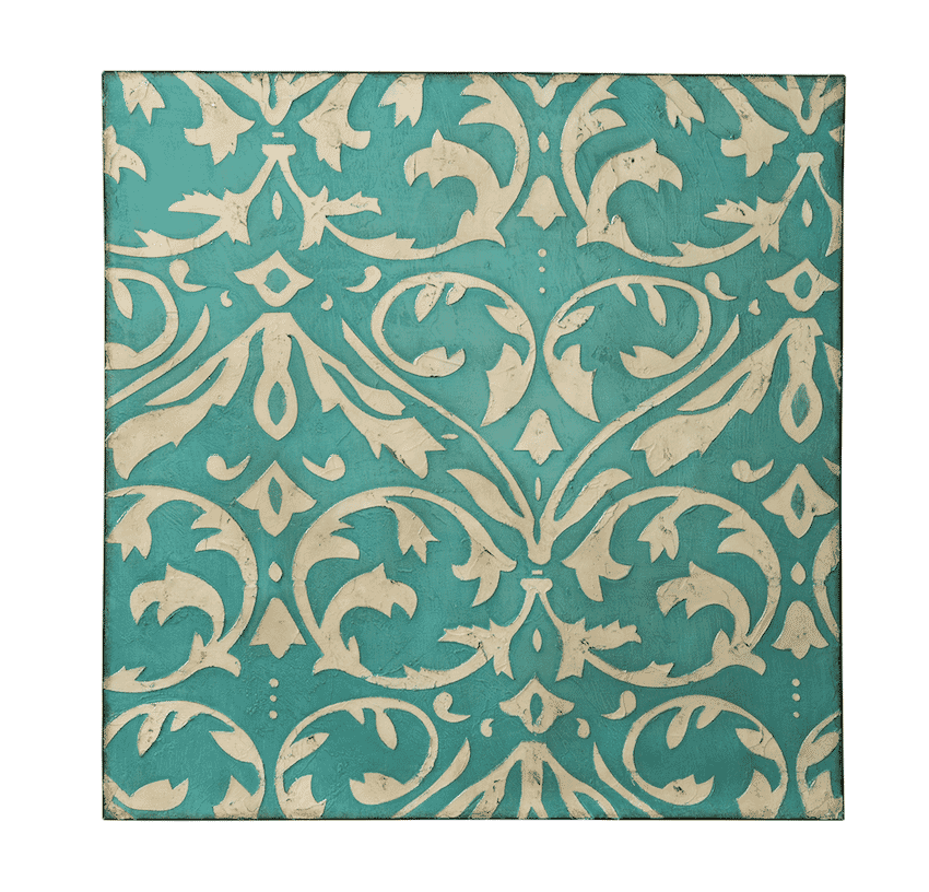 Varaluz Teal Damask Trefoil Wall Art in Distressed Teal with Ivory