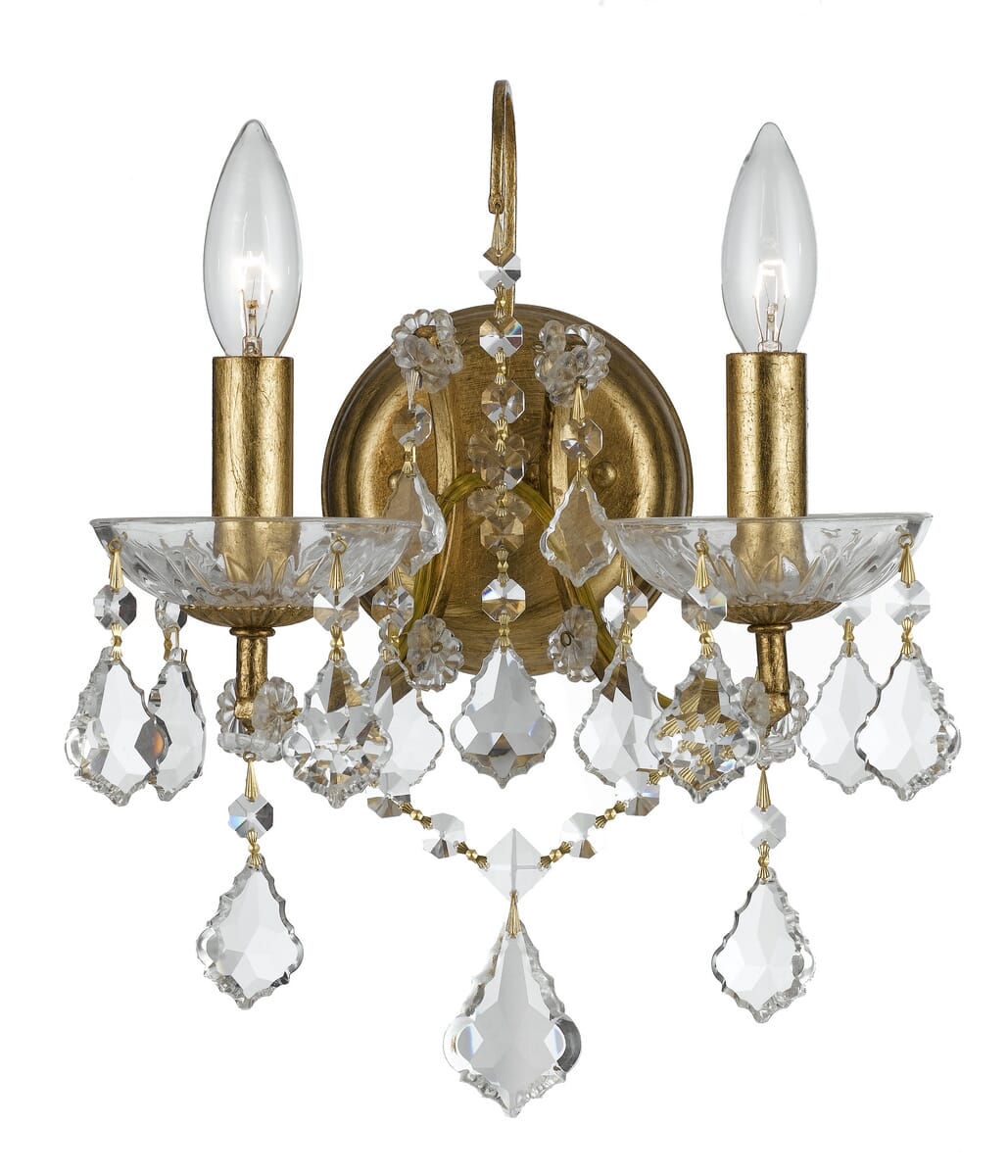 Crystorama Filmore 2-Light 13" Wall Sconce in Antique Gold with Clear Hand Cut Crystals