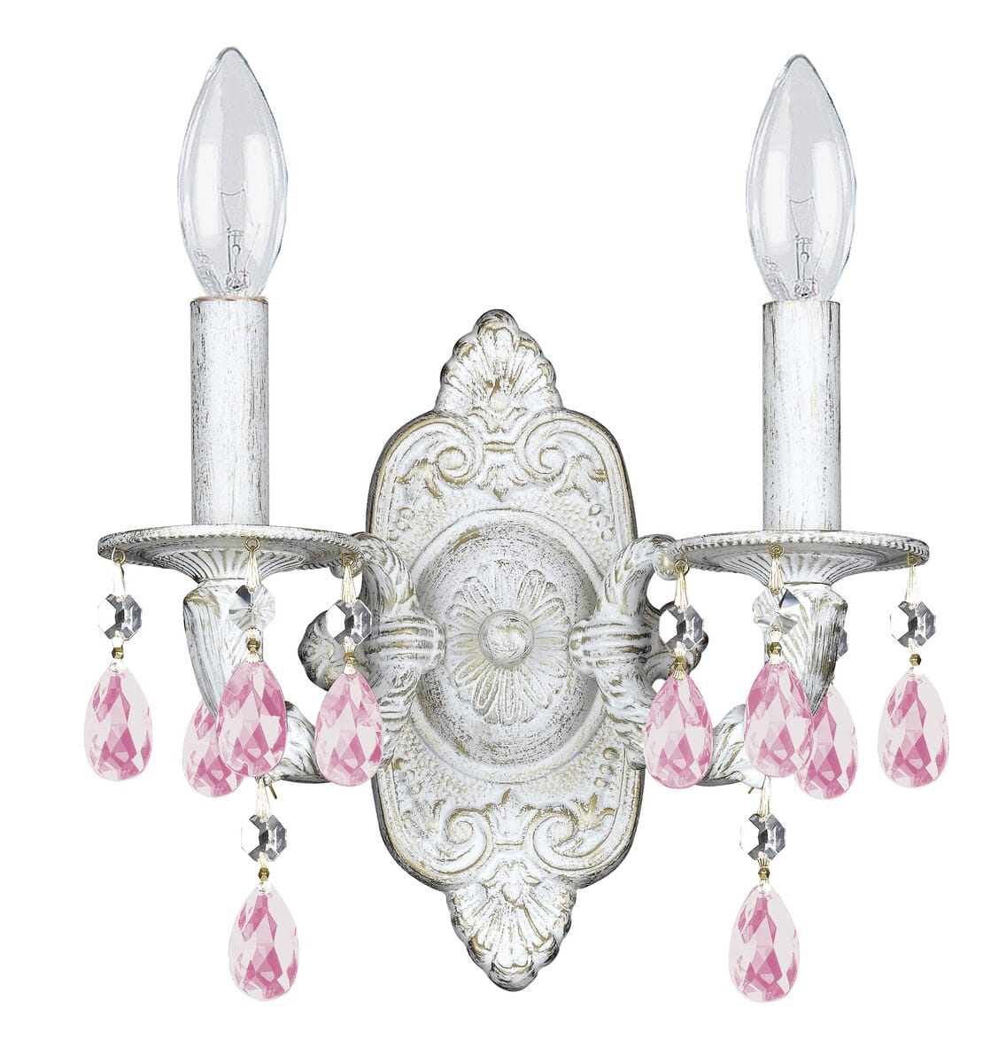 Crystorama Paris Market 2-Light 12" Wall Sconce in Antique White with Rose Colored Hand Cut Crystals