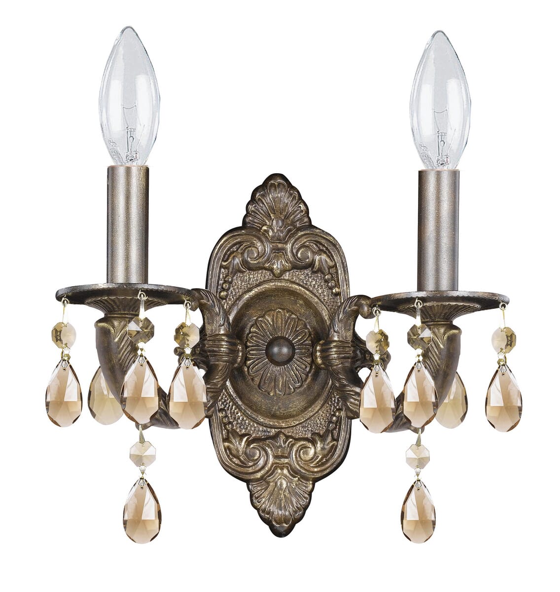 Crystorama Paris Market 2-Light 12" Wall Sconce in Venetian Bronze with Golden Teak Hand Cut Crystals