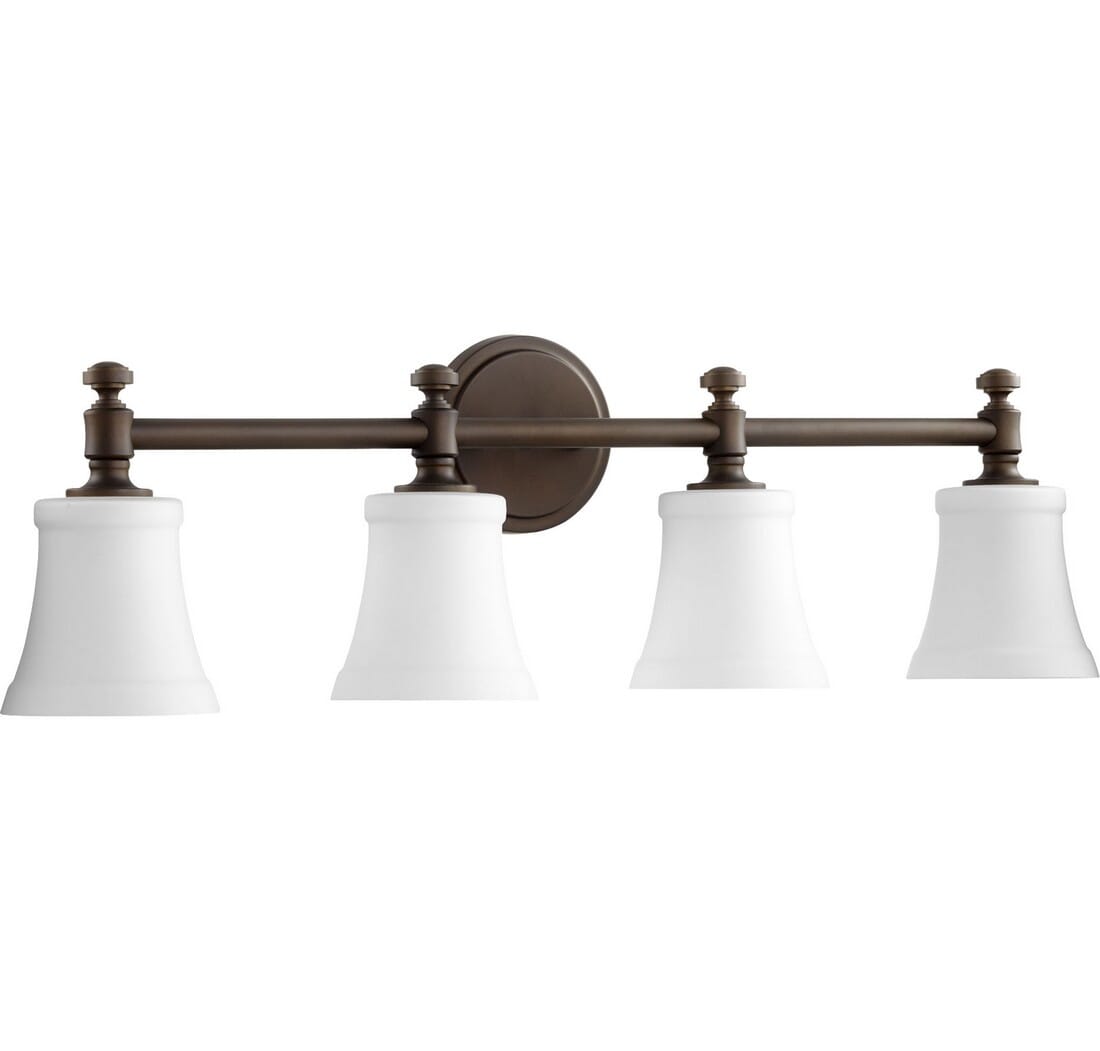 Quorum Rossington 4-Light 9" Bathroom Vanity Light in Oiled Bronze with Satin Opal