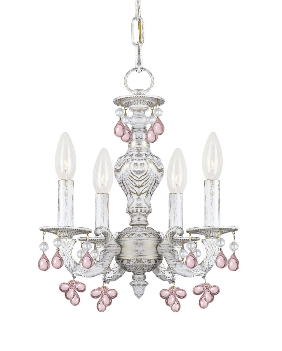 Crystorama Paris Market 4-Light 15" Mini Chandelier in Antique White with Murano Crystals