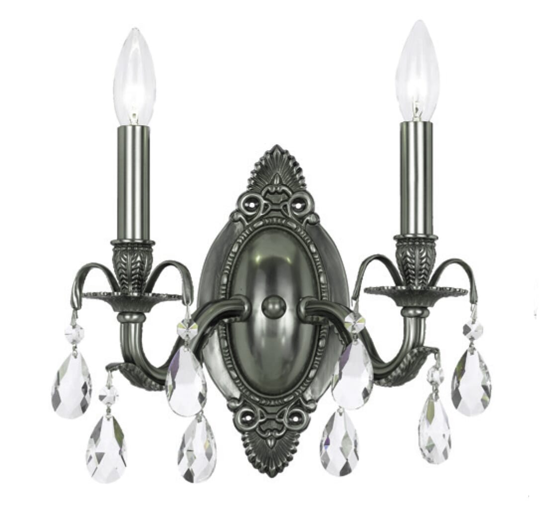 Crystorama Dawson 2-Light 10" Wall Sconce in Pewter with Clear Hand Cut Crystals