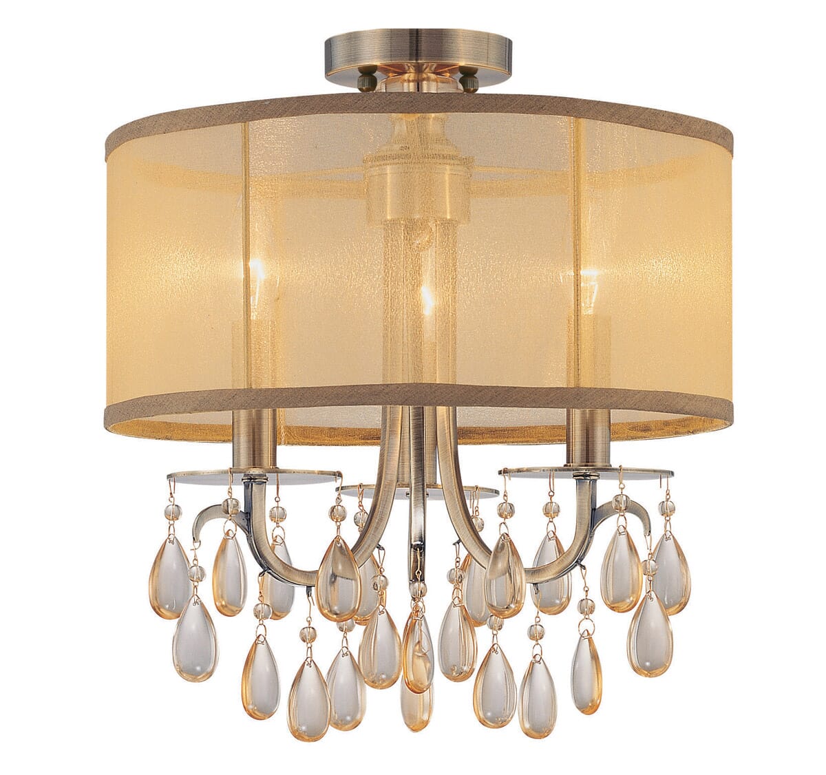 Crystorama Hampton 3-Light 14" Ceiling Light in Antique Brass with Etruscan Teardrop Almond Crystals