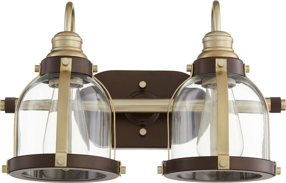 Quorum Transitional 2-Light 10" Bathroom Vanity Light in Aged Brass with Oiled Bronze