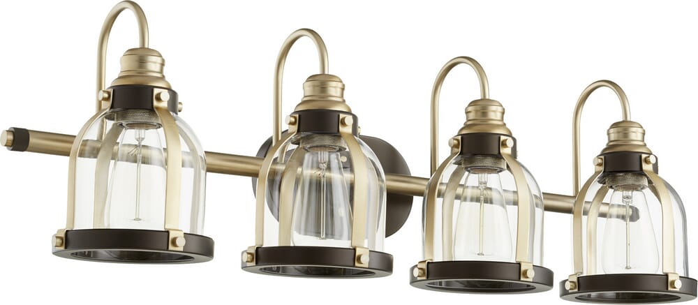 Quorum Transitional 4-Light 10" Bathroom Vanity Light in Aged Brass with Oiled Bronze