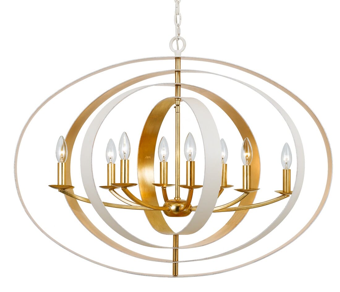 Crystorama Luna 8-Light 27" Industrial Chandelier in Matte White And Antique Gold