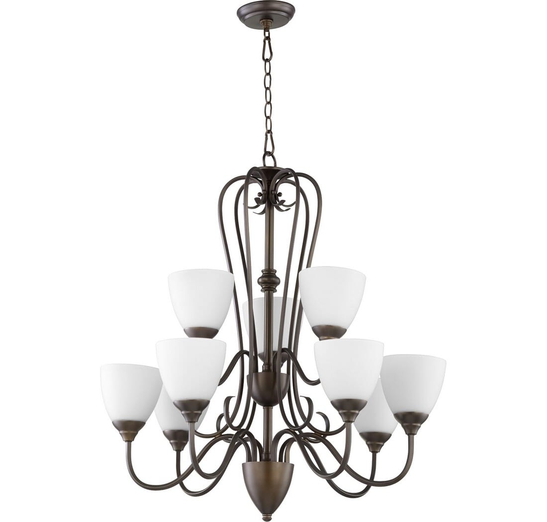 Quorum Powell 9-Light 32" Transitional Chandelier in Oiled Bronze with Satin Opal