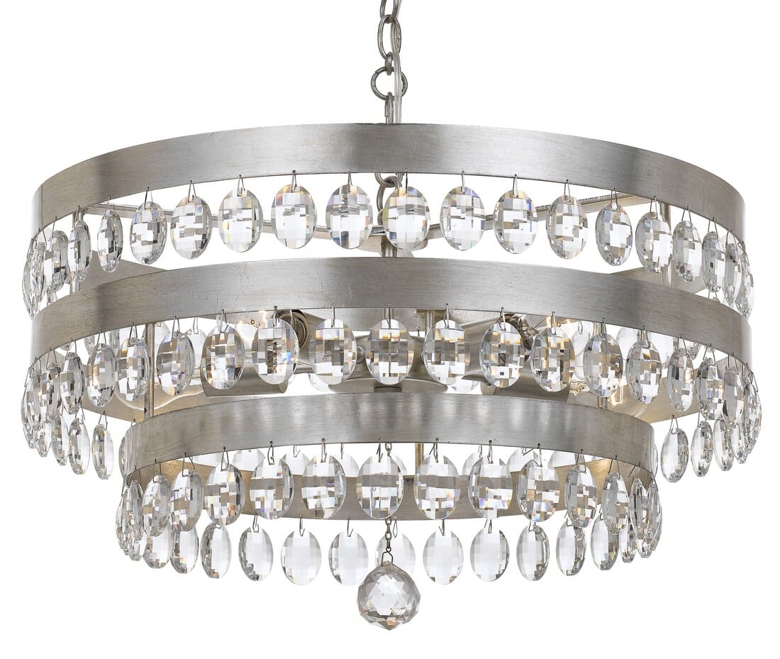 Crystorama Perla 5-Light 14" Transitional Chandelier in Antique Silver with Clear Elliptical Faceted Crystals