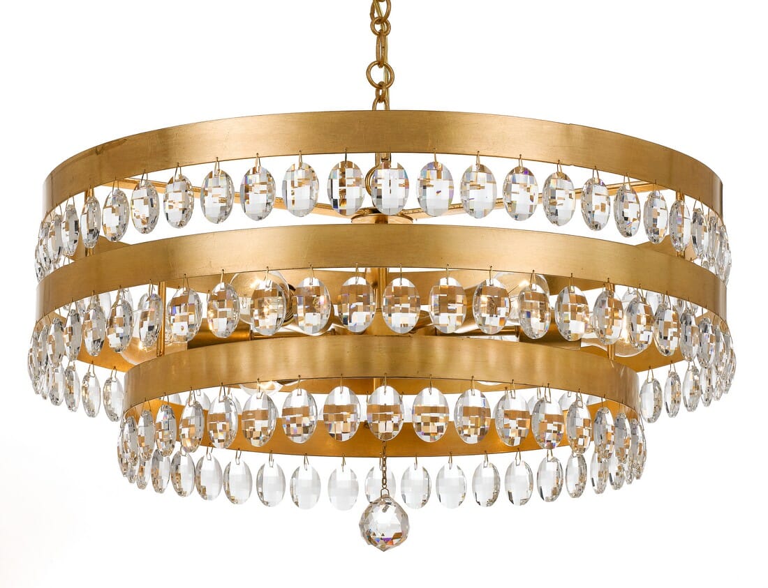 Crystorama Perla 6-Light 14" Transitional Chandelier in Antique Gold with Clear Elliptical Faceted Crystals