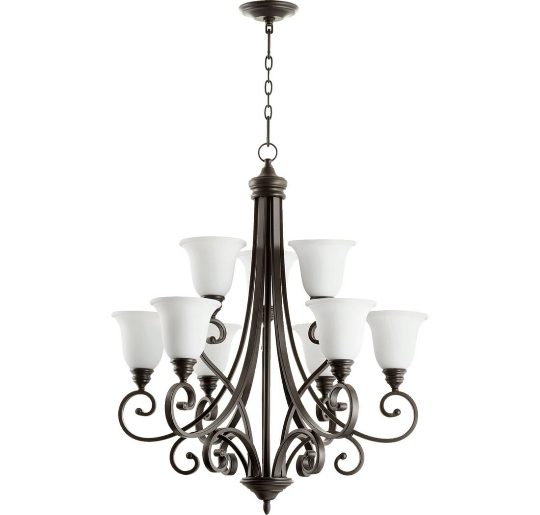 Quorum Bryant 9-Light 36" Transitional Chandelier in Oiled Bronze with Satin Opal