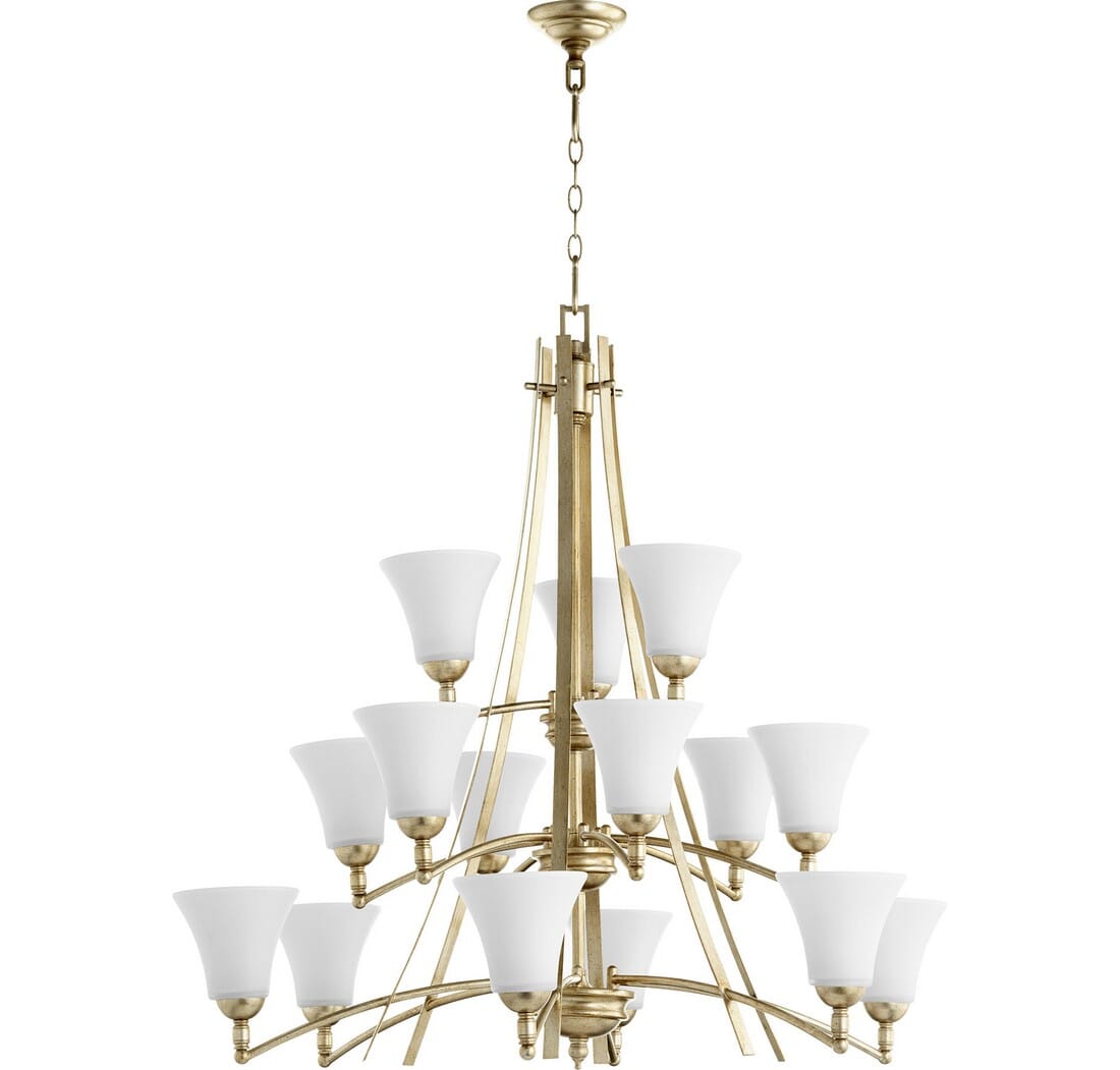 Quorum Aspen 15-Light 38" Transitional Chandelier in Aged Silver Leaf with Satin Opal