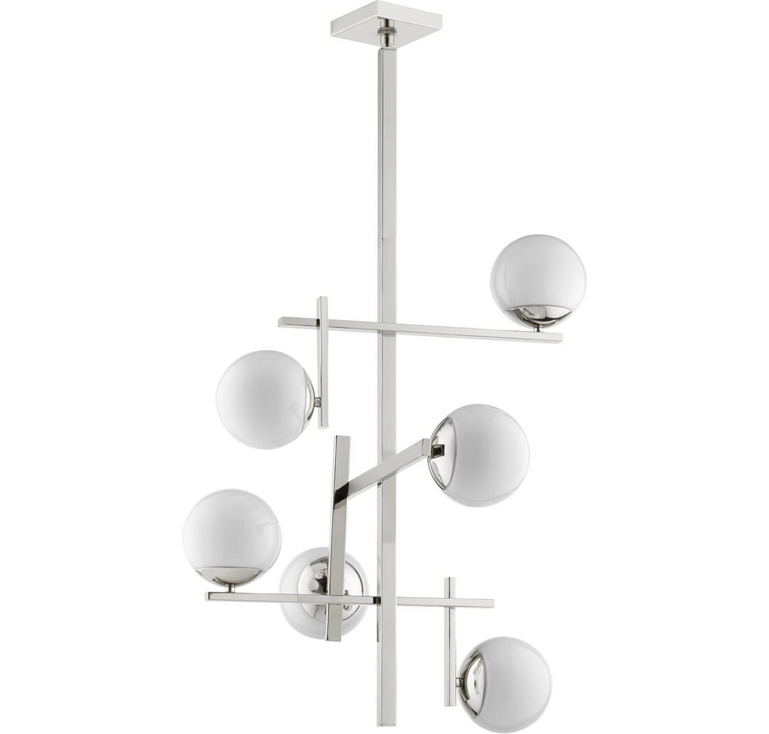 Quorum Atom 6-Light 30" Transitional Chandelier in Polished Nickel with Opal