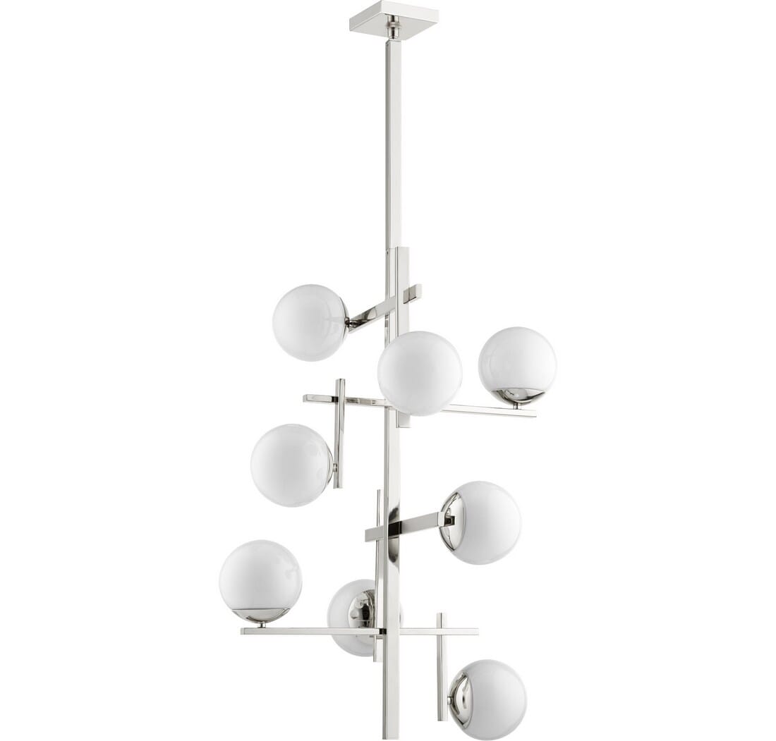 Quorum Atom 8-Light 36" Transitional Chandelier in Polished Nickel with Opal