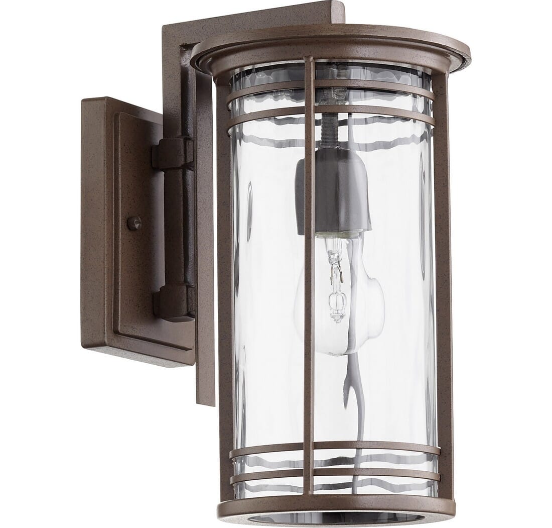 Quorum Larson 14" Outdoor Wall Light in Oiled Bronze with Clear Hammered Glass