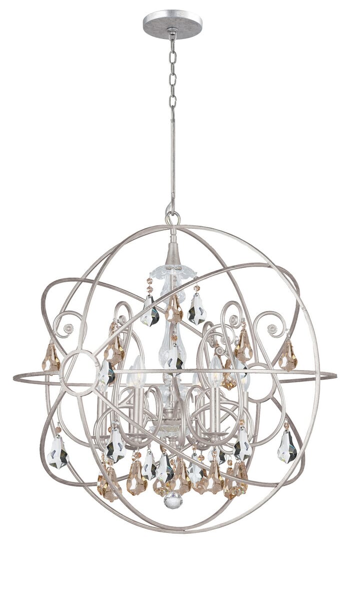 Crystorama Solaris 6-Light 30" Industrial Chandelier in Olde Silver with Golden Shadow Hand Cut Crystals