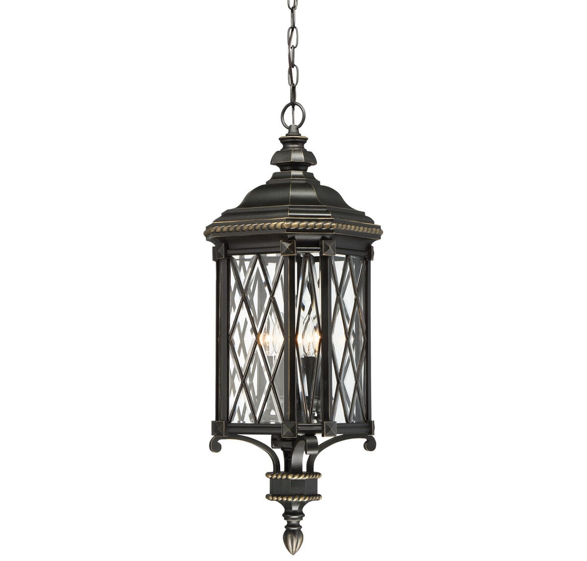 The Great Outdoors Bexley Manor 4-Light 32" Outdoor Hanging Light in Black with Gold Highlights