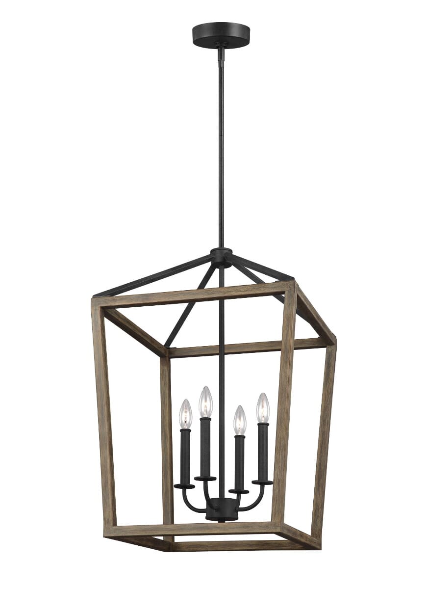 Feiss Gannet 18" 4-Light Pendant in Weathered Oak/Antique Forged Iron