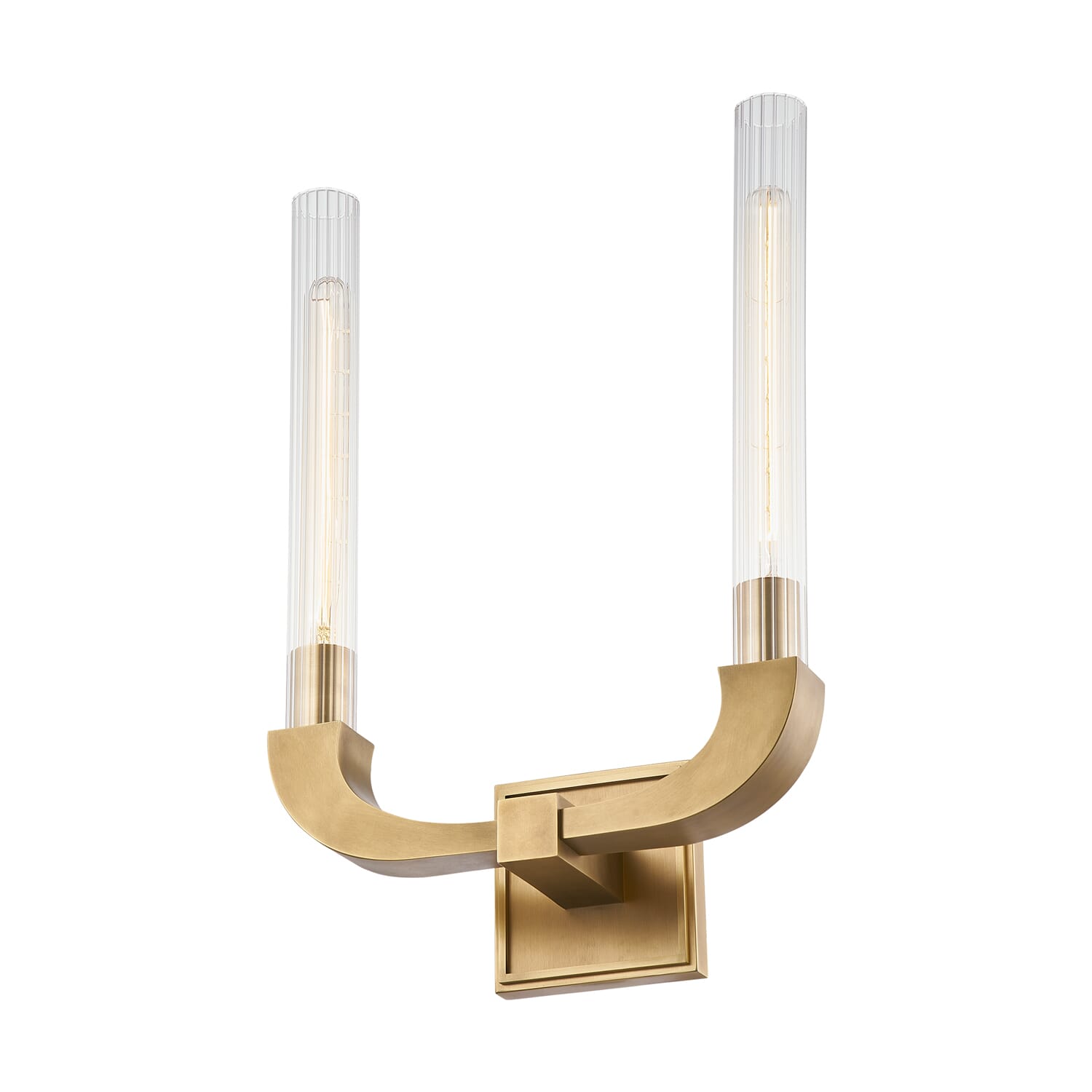 Alora Flute 2-Light Bathroom Wall Sconce in Vintage Brass And Clear Ribbed Glass